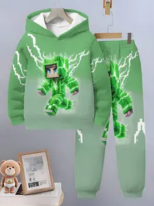 Boys Spring & Fall Sports Set, Gradient Minecraft Theme Hoodie and Pants Two-Piece, Casual Fitted Kids Clothing