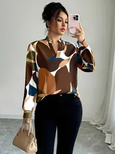 Women's Casual Vacation Style All-Print Asymmetrical Neck Asymmetric Neck Lantern Sleeve Long Sleeve Loose Blouse Top Shirts, Spring & Fall Fashion, Comfortable and Stylish