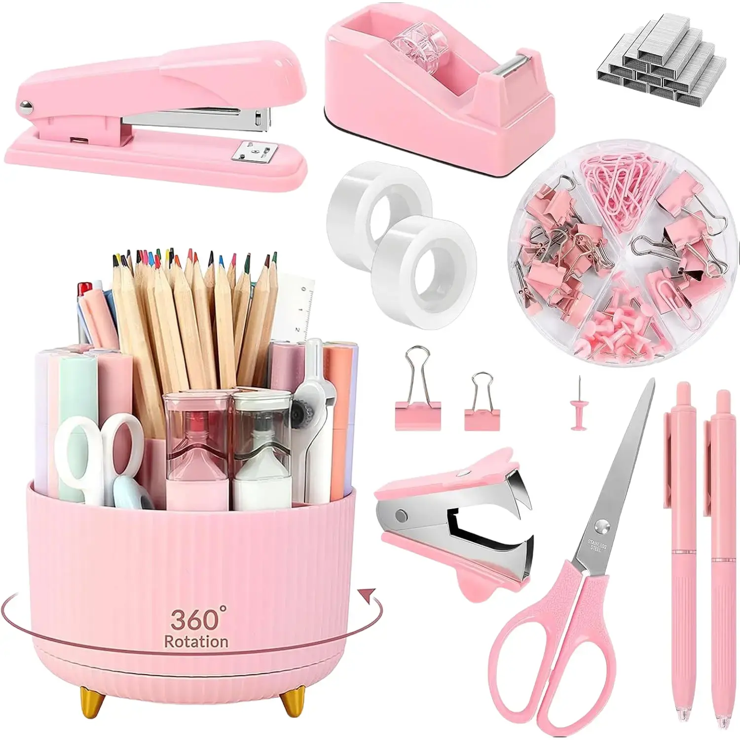 Pink 10-Piece Desktop Stationery Organizer Kit, Rotating Pen Holder, Stapler, Staple Remover, Tape Dispenser, 2 Tape Refills, Binder Paper Clips, Scissors, Office Accessories, Work Organizer, Fun Desk Supplies for Office & School