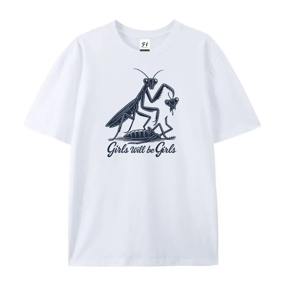 Girls' Loose-Fit Praying Mantis Graphic T-Shirt - Insect Lover Funny Garment, Streetwear Sports Top