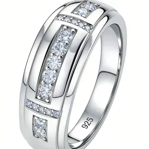 Heinlov Moissanite Mens Wedding Band D Color VVS1 925 Sterling Silver Ring Promise Rings For Him Round Cut Engagement Eternity Size 5-17