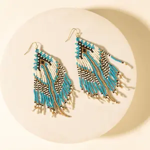Myra Wildloom Chevron Dangle Earrings - Riverstone Blue, Boho Country Western Costume Jewelry, Trendy Fashion Accessories