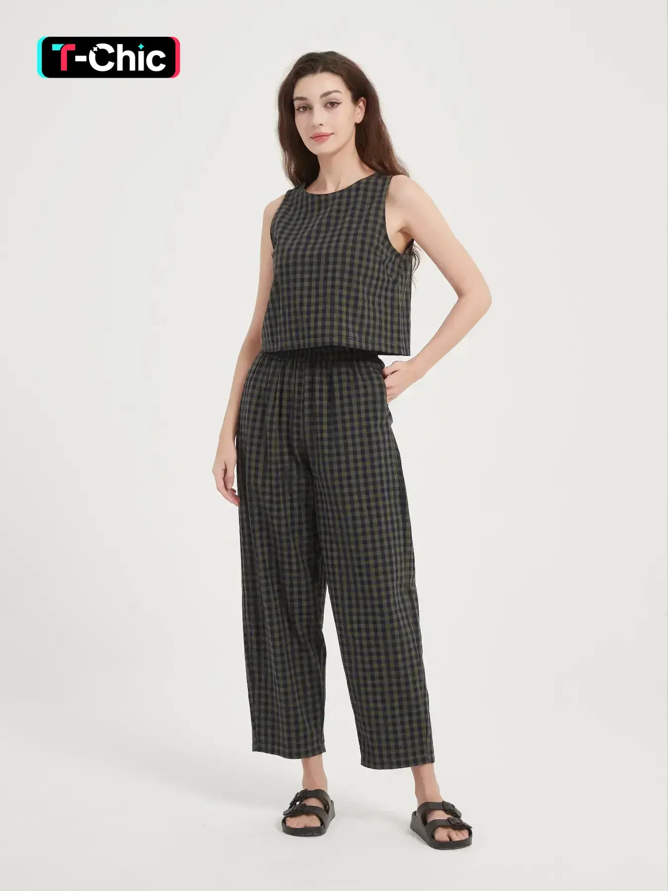 Women's Gingham Print Sleeveless Tank Top & Wide Leg Pants, Casual Two-piece Set for Spring & Fall, Women's Clothes for Daily Wear, Womenswear, Cute Two Piece Sets, Casual Matching Set