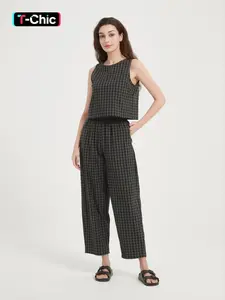 Women's Gingham Print Sleeveless Tank Top & Wide Leg Pants, Casual Two-piece Set for Spring & Fall, Women's Clothes for Daily Wear, Womenswear, Cute Two Piece Sets, Casual Matching Set