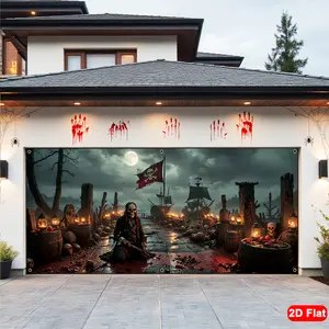 Halloween Garage Banner, Horror Skull Pirate Design, Durable Polyester Material, Perfect for Halloween Party & Decorations
