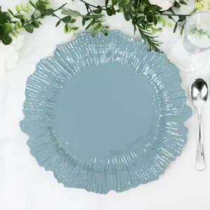 10 Pack Economy Plastic Charger Plates – 13" Dusty Blue Reef Rim Design Chargers for Weddings & Parties