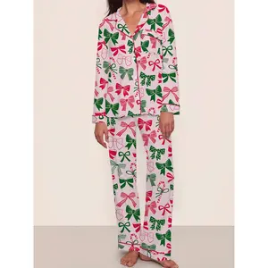 Women's 2-Piece Longsleeve Painted Pajama Set - Casual Loungewear Clothes, All-Season Cozy Sleepwear with Red & Green Holiday Patterns
