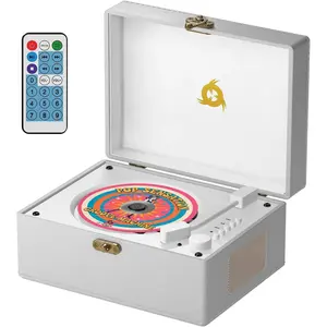 Retro CD Player -  Style CD Player with Speakers,  Receiver, AUX, USB, Rechargeable , Mini Record Player Look, Small Cute CD  Box for  Decor - White