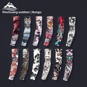 Summer ice silk tattoo sleeves men's outdoor sunscreen seamless flower arm sleeves cycling driving UV protection arm guards