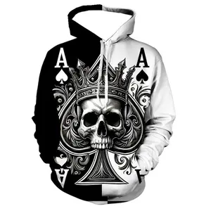 3D Men's Skull Poker Pattern Long Sleeve Casual Hoodie with Drawstring and Pockets, Fashion Pattern Hoodie for Sports and Daily Wear in Spring and Autumn