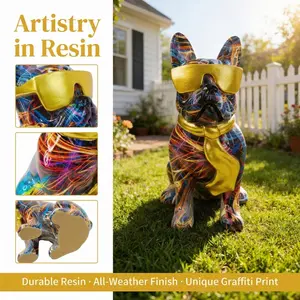 Colorful Graffiti French Bulldog Resin Figurine, Gold Sunglasses Accent Sculpture, Modern Pop Art Home Decoration, Vibrant Street Art Tabletop Ornament, Bold Animal Statue for Gallery and Living Room