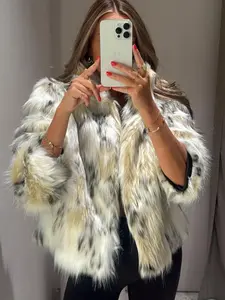 Leopard Print Faux Fur Jacket Women's Winter Jacket Plush Cropped Animal Print Artificial Fur Coat For Women Fluffy Y2K Outerwears Vintage Long Sleeve Hairy Outdoor Coat