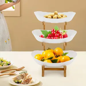 Three-tier Fruit Bowl with Bamboo Wood Stand, Food-grade PP, Durable, Eco-friendly, Easy to Assemble & Clean