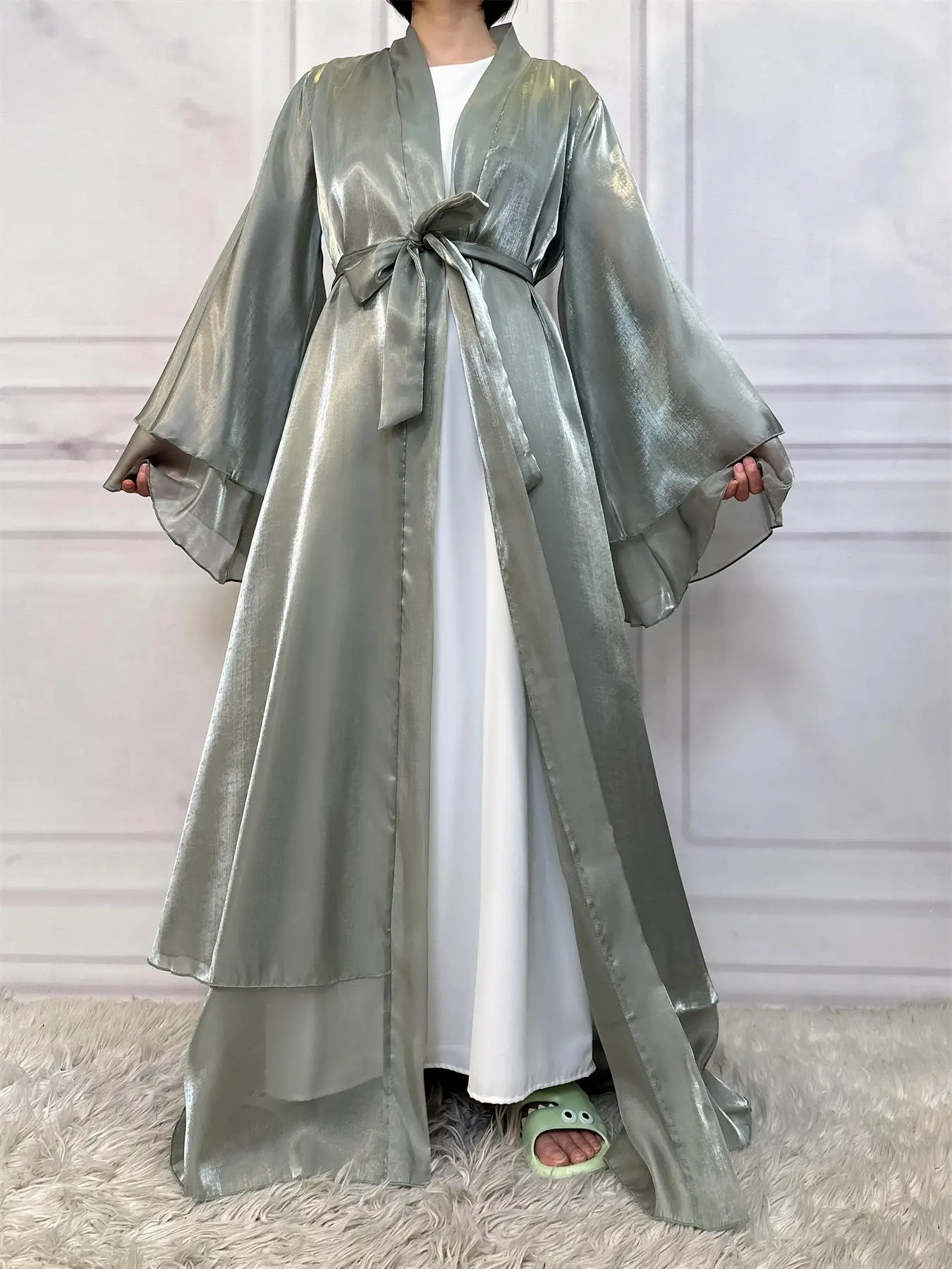 Women's Solid Satin Abaya without Inner Dress, Abayas for Women, Modest Long Sleeve Tie Front Abaya, Ladies Islamic Clothing for Spring & Fall, Open A