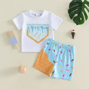 Afunbaby Toddler Baby Little Boys Summer Outfits Set Ice Cream Baseball Print Short Sleeve T-Shirts Elastic Waist Shorts Clothes Set 3M-3T