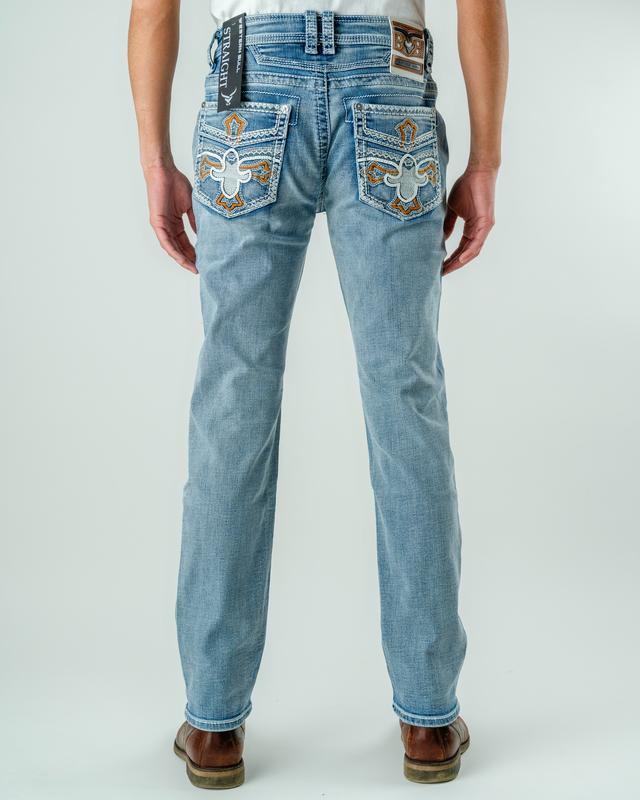 Western Bull Men's Straight-Cut Jeans Style A01 - Heavyweight Denim with Embroidered Pockets & Bold Stitching for Comfort & Durability