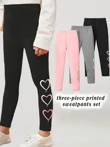 3 Piece Set Girls Solid Heart Pattern Casual Pants, All-Season Wear, Suitable for Ages 3+, Slim-Fitting, Comfortable Bottoms