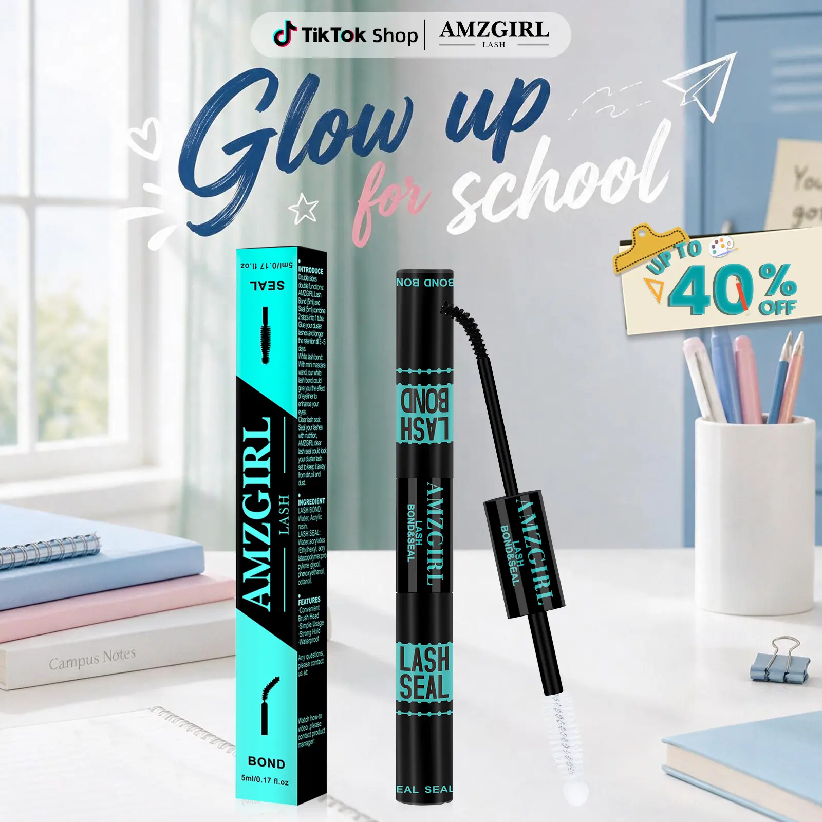 AMZGIRL LASH Bond & Seal 10ML Waterproof Cluster Lash Glue with Mascara Brush for Eyelash Extensions Strong Gentle Lash Cluster Glue