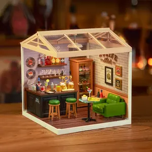 Rolife Leisurely Cheers Bar DIY Plastic Miniature House DW012 Miniature House Kit DIY Plastic House Building Toy Set with LED Tiny Store Making Kit Model Craft Hobby Unique Gift