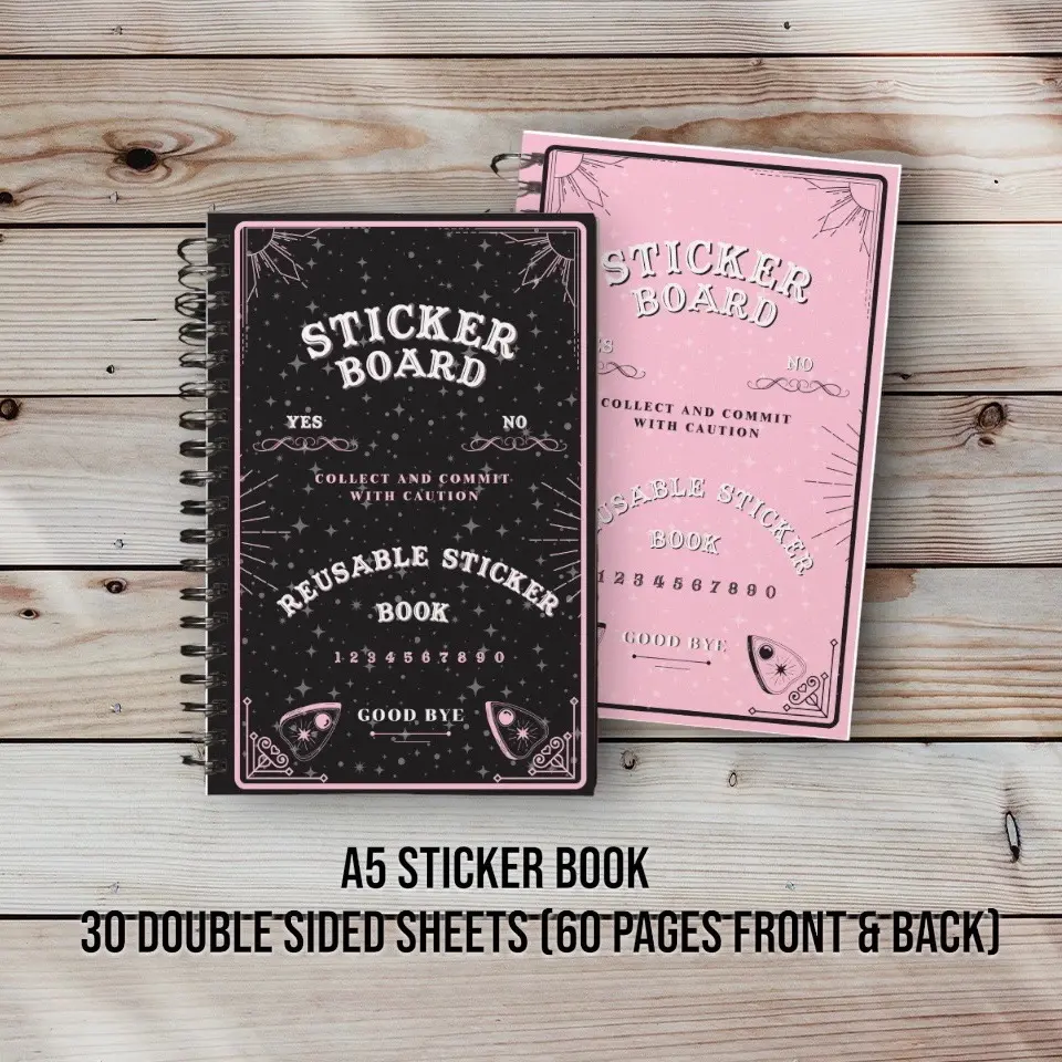 Spooky Ouija Theme Reusable Double-Sided Sticker Sheets - Wire-Bound Premium Card Stock Collector Book, Silicone-Coated Laminated Accessory for Journals, Office Stationery, Reusable Sheets, Spooky Theme