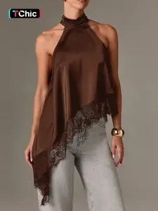 Women's Silk Lace Patchwork Asymmetric Hem Halter Top, Elegant and Chic Design, Perfect for Special Occasions, Unique Fashion Statement, Womenswear
