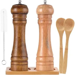 Salt and Pepper Grinders, Oak Wooden Salt and Pepper Mills Shakers with Cleaning Brush & Wood Stand, Ceramic Rotor with Strong Adjustable Coarseness[Set of 2]