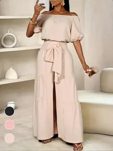 Women's Spring Summer New Fashion Solid Color Elastic One Shoulder Short Top Butterfly Knot Wide Leg Pants Two Piece Set