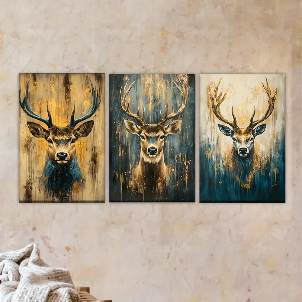 [2D Flat] Three-Piece Canvas Artwork Featuring Unframed Deer with Antlers Depicted on a Wall, Suitable for an Artist'S Drawing Decoration Vintage Prints Wall Art