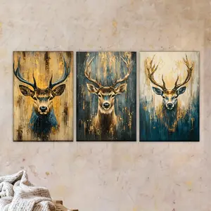 [2D Flat] Three-Piece Canvas Artwork Featuring Unframed Deer with Antlers Depicted on a Wall, Suitable for an Artist'S Drawing Decoration Vintage Wall Art
