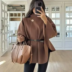 Autumn Winter Solid Coats Elegant Cloak Jacket Ladies for women set Womenswear Tops Outerwear Basic Brown Long Sleeve