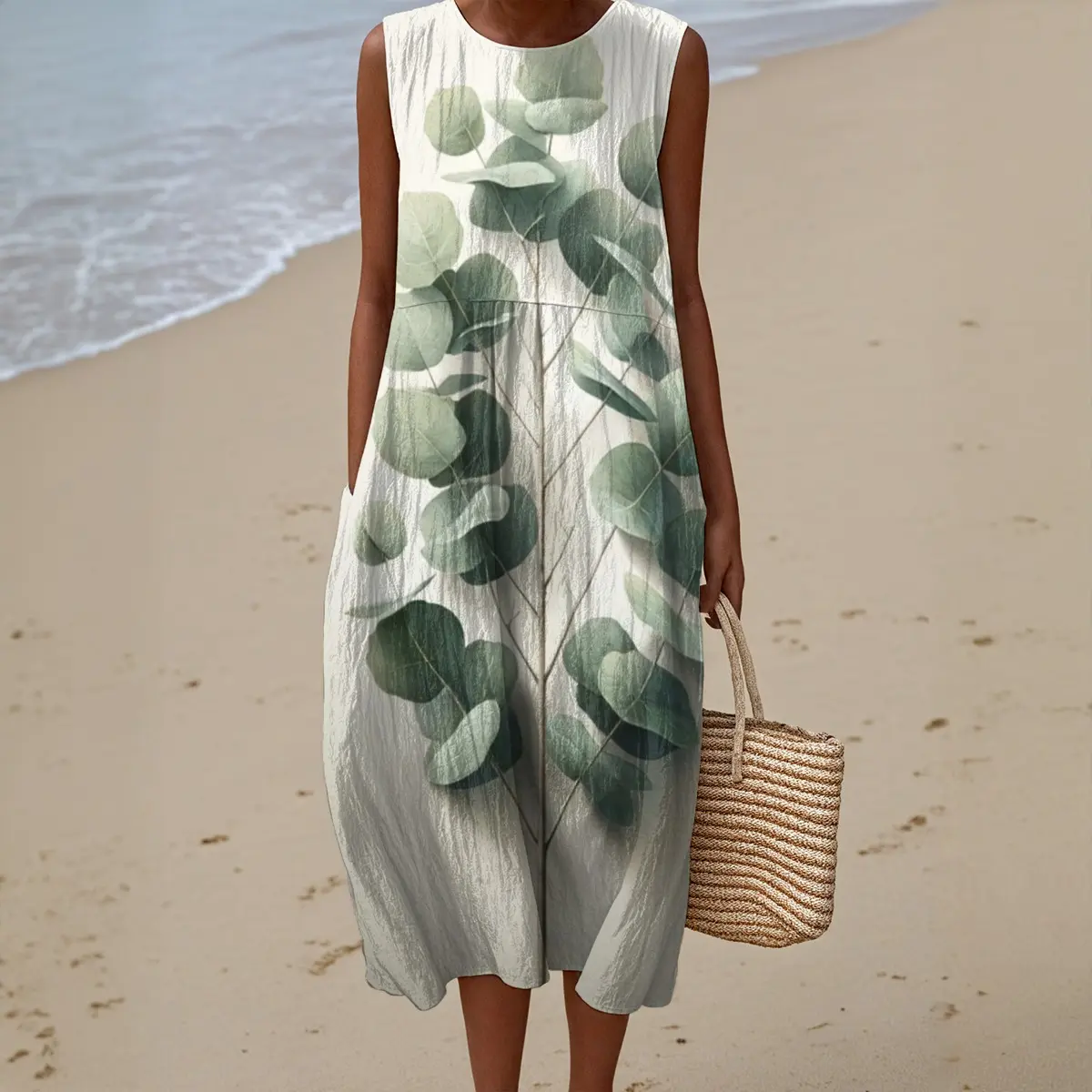 Women's Sleeveless Dress -- Eucalyptus Minimalist Vol 4 - Summer Dresses Casual to Dressy Sleeveless Maxi Faux Linen A-Line Sundress Women Breathable Fabric Polyester Womenswear