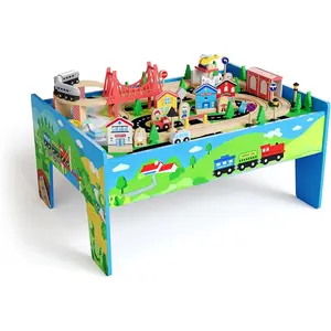 Gaomon 2-in-1 Train Table & Study Desk, 80-pieces Wooden Activity Playset with Tracks, Railway, Train and City Accessories, Kids' Furniture Gift for Ages 3+