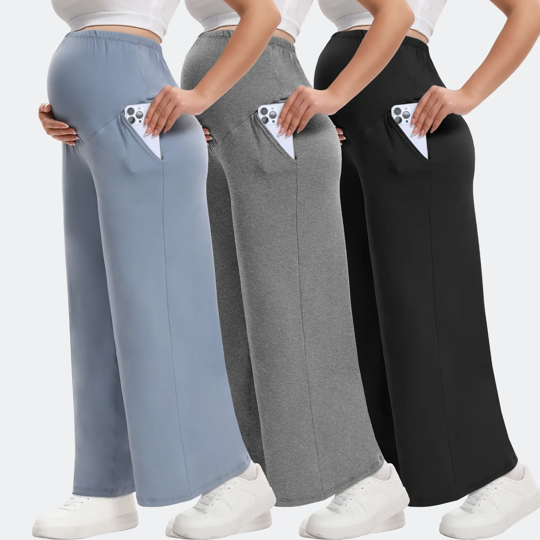 Maternity Workout Pants, 3 Pack Stretchy Wide Leg Prenatal Clothing with Over the Belly Panel & Front Pockets for Lounge & Work, Pregnancy Outfits, Maternity Workout Clothes, Prenatal Maternity Clothing