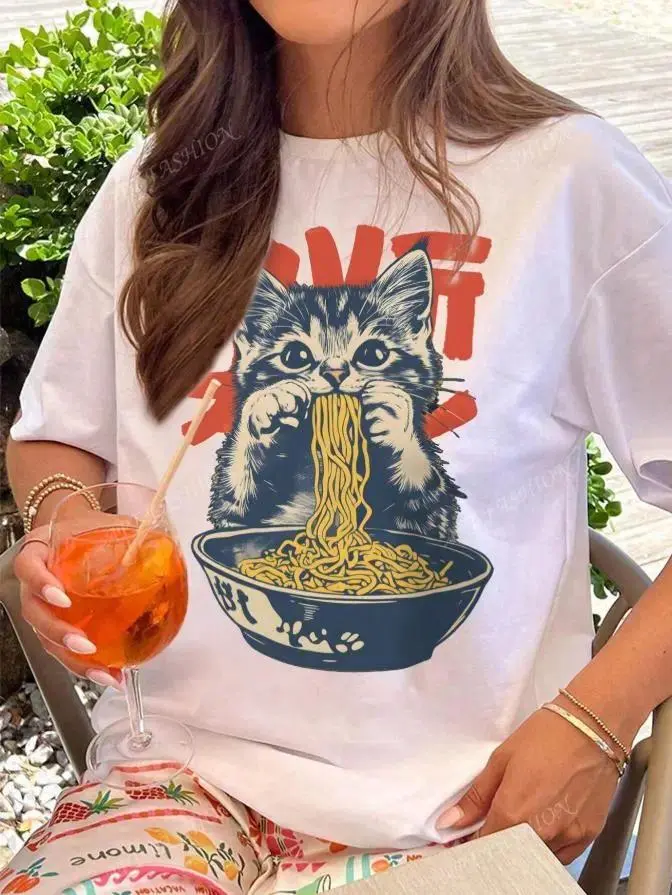 Unisex Cotton Graphic Tee Cute Cartoon Cat Ramen Print Shirt Vintage Inspired Kitten Aesthetic Streetwear Soft Breathable Short Sleeve Crewneck Casual Everyday Wear Summer Outfit Gift Idea Trendy Animal Lover Top