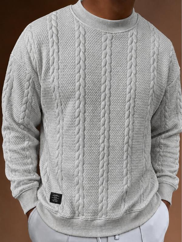 Men’s Jacquard Sweatshirt, Textured Crewneck Pullover, Casual Long Sleeve Top, Stylish Spring Fall Streetwear