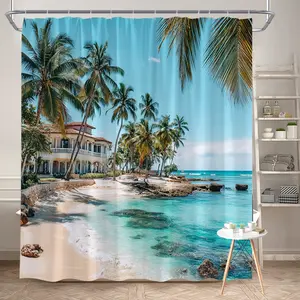 1Pc Tropical Beach Shower Curtain Palm Trees Ocean View Polyester Fabric Bath Hanging Curtain Bathroom Decor 70.8x70.8 Inch with Hooks for a Refreshing Coastal Home Aesthetic Bathroom Accessory