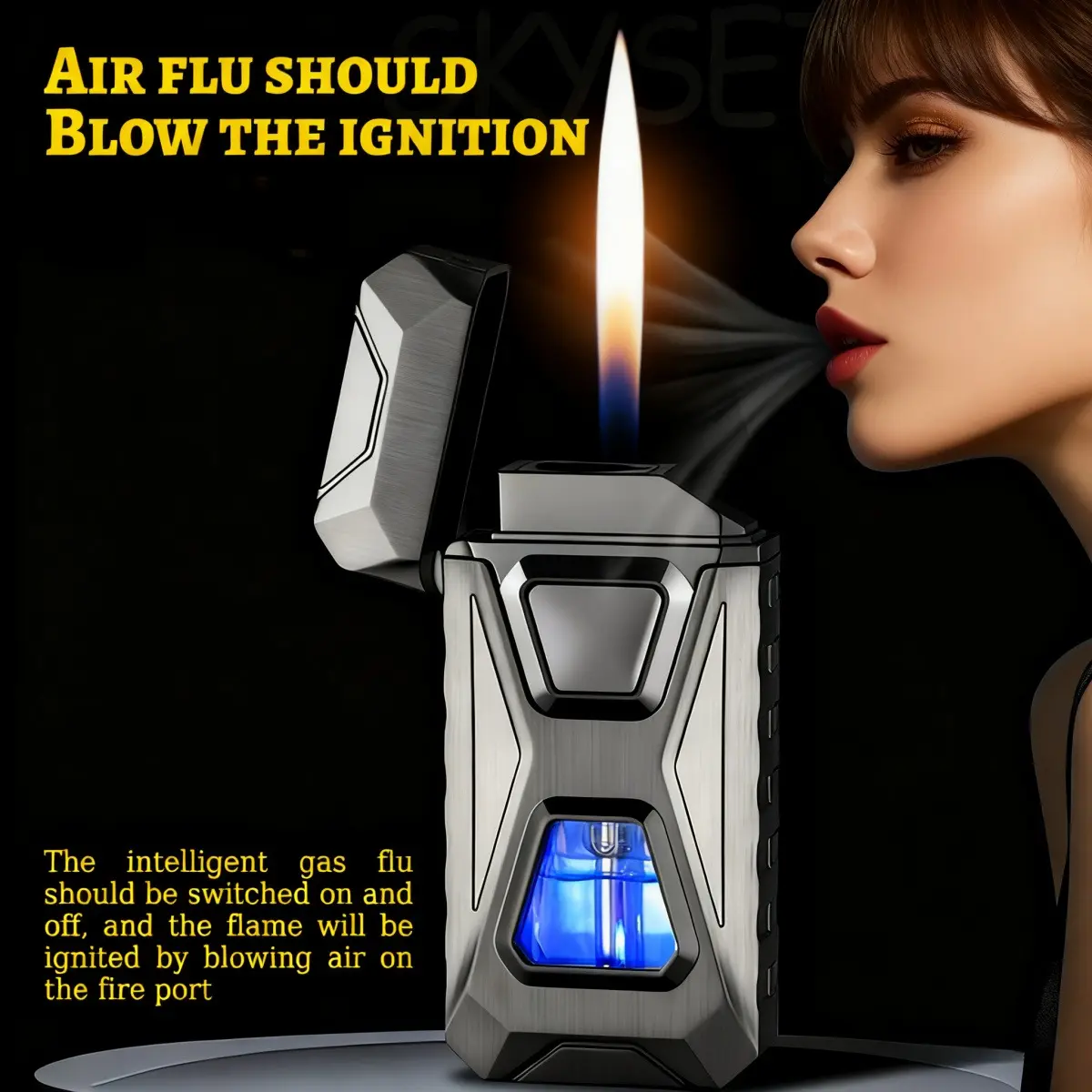 (Butane  Gas Not Included)Voice Activated Windproof Dual Flame Lighter, Type-C Charging,  Adjustable Flame Lighter for Outdoor, Kitchen & Birthday Gifts,Refillable Butane Lighter
