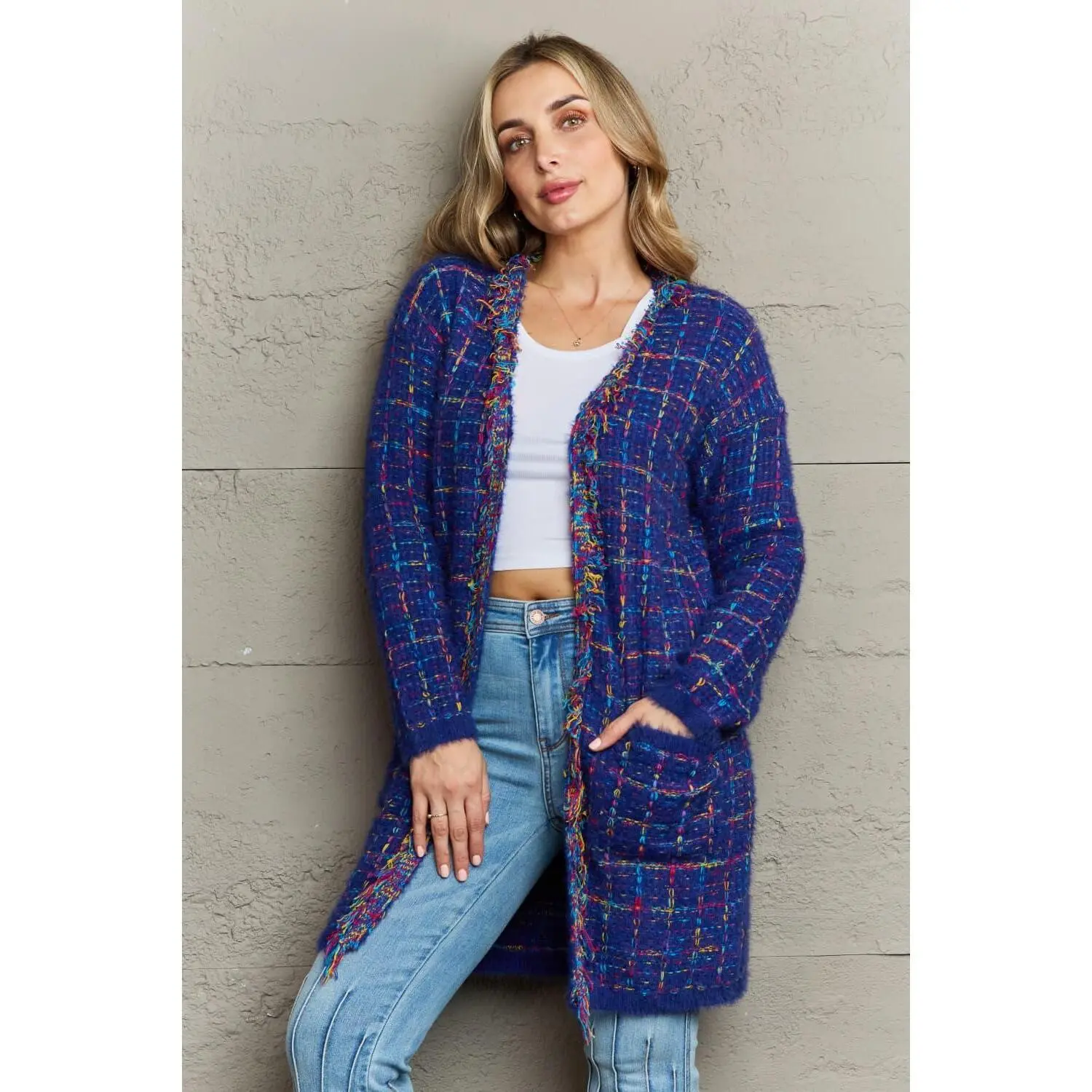 Plaid Fringe Trim Open Front Longline Cardigan Long Sleeve Sleeve