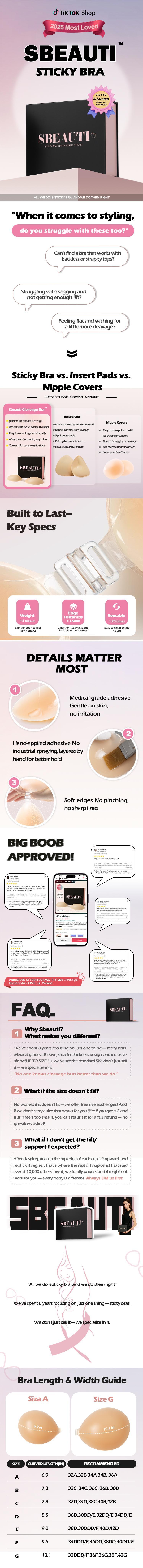 SBEAUTI #1 Push-up Sticky Bra, Sweat-proof Glue, Adhesive Push Up Cleavage Bra, Up to G Cup, Seamless Strapless Bra for Date Night, Backless & Red Dress, Waterproof & Reusable SpringStatements