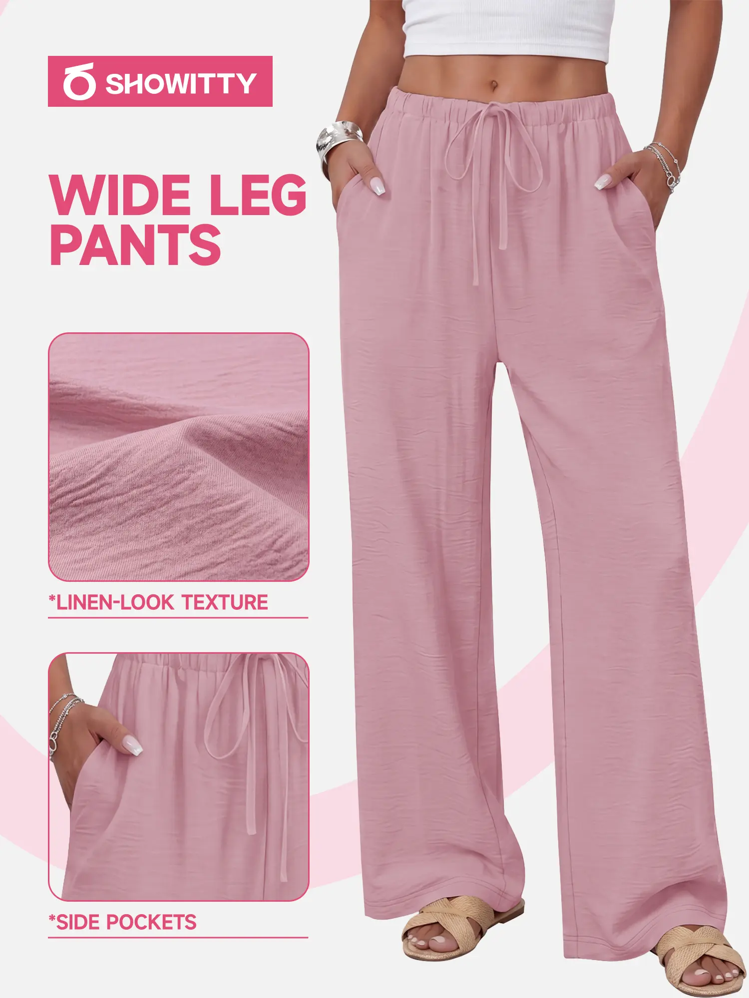【Easy Moments】SHOWITTY Womens Linen-Feel High Waisted Wide Leg Palazzo Pants with Pockets Drawstring Waist #tiktokshopsummersale