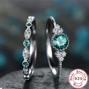 925 Sterling Silver Ring Set with Emerald Zircon Crystals for Women Engagement Wedding Glamour Jewelry