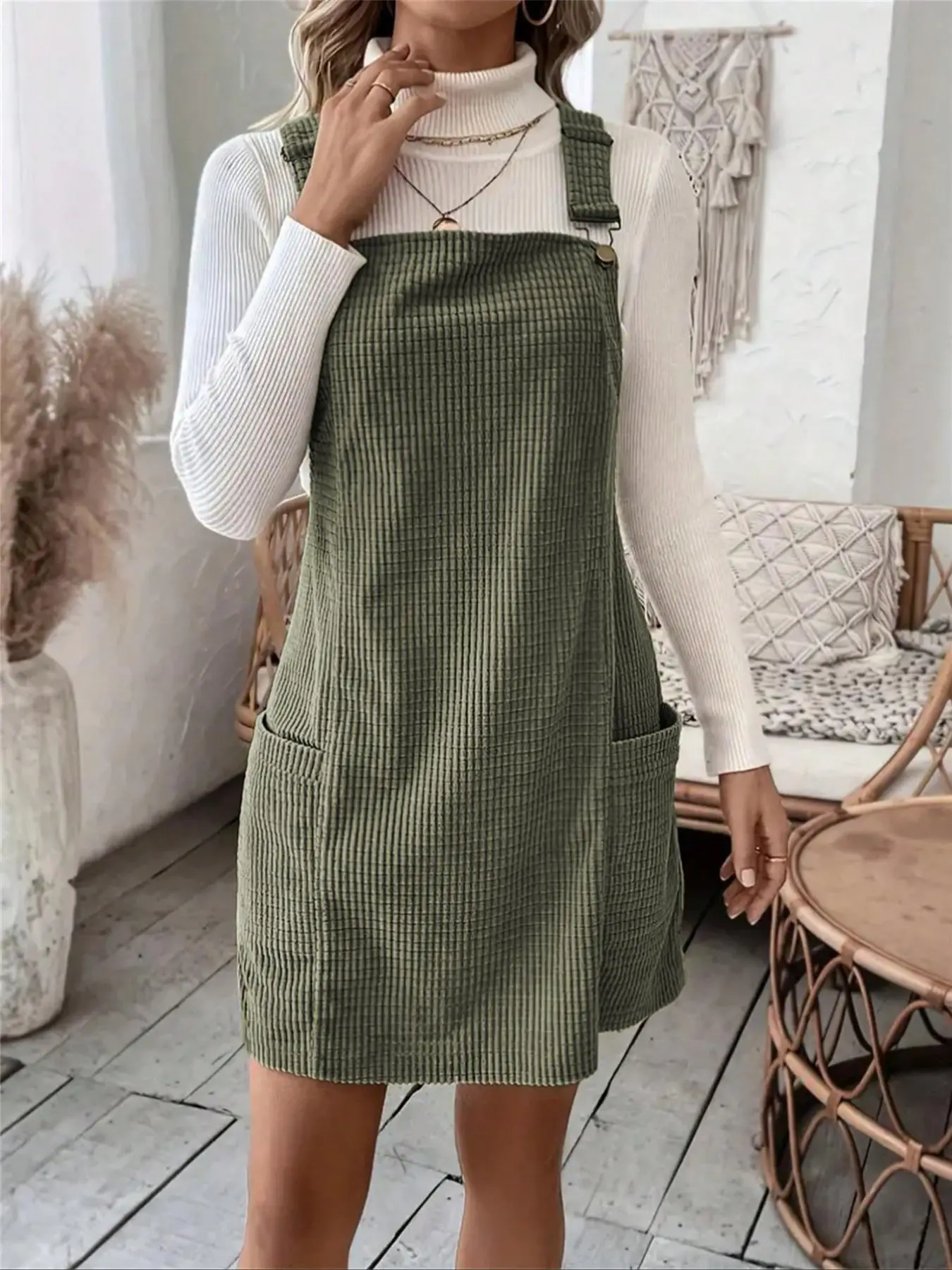 Women's Solid Color Adjustable Strap Pinafore Dress, Chic Casual Pocket Overall Dress for Daily Wear, Ladies Clothes for All Seasons
