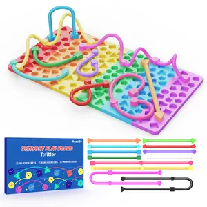 Silicone Sensory Fidget Board Stress Relief Toy, Screen-Free Travel Busy Board for Autism & ADHD,  Quiet Shape Matching Fidget Toy with Portable Bag & 12 Strings, No Mess, Creative Patterns, Fine Motor Skill Development