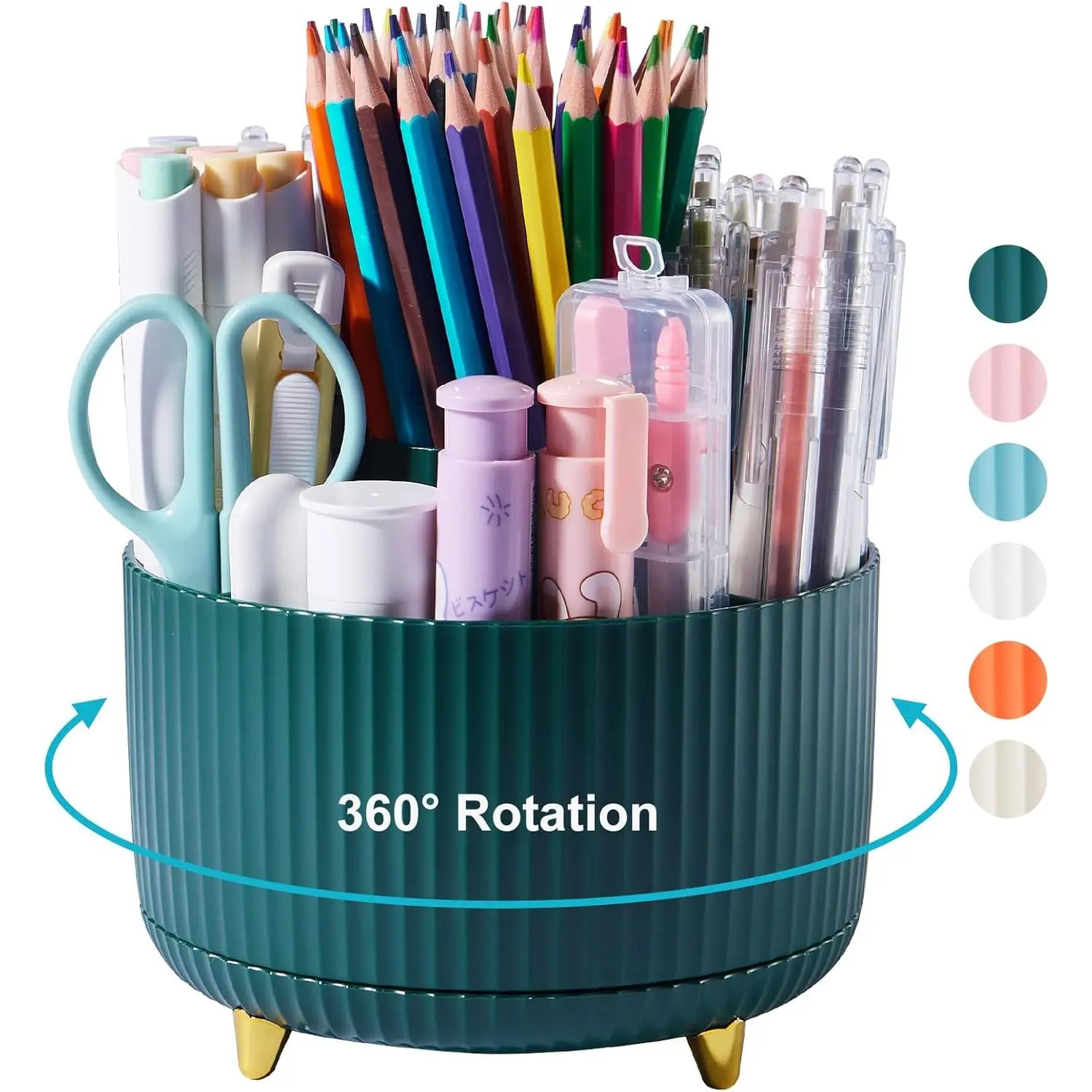 360-Degree Rotatable 5-Slot Pen Holder, Multi-Functional Desk Organizer for Office, Classroom & Bedroom Vanity/Dresser/School Desks, Dark Green Stationery Storage Cup, Vanity Desk