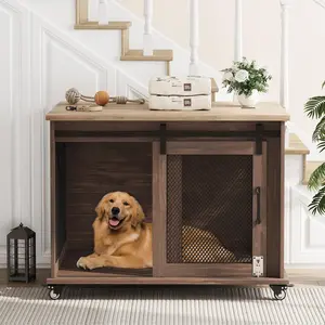 GARVEE Dog Crate Furniture with Sliding Barn Door,Flip Top Furniture Style Dog Crate End Table with Wheels,Indoor Dog Kennel Furniture with Removable Divider,Dog House