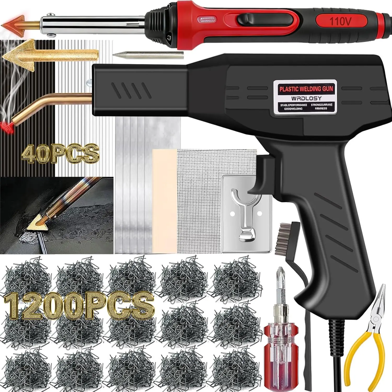 220W Plastic Welder, 1200PCS Staples 40PCS Rods Plastic Welding Kit, 5 in 1 Welding Tips Tape Sandpaper Wire Mesh Stand Metal Brush Screwdriver Plastic Welder Kit Bumper Repair Kit