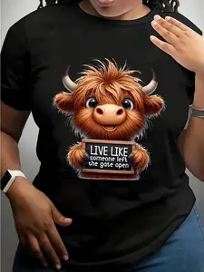 Women's Plus Size Cute Highland Cow Print T-Shirt Casual Short Sleeve Crew Neck Shirt Printed with the Fun Slogan "Live Like a Goat " Soft Cotton for Spring and Summer Wear Everyday Humorous Unisex Style  Summer Trendy Streetwear High-Quality Comfortable