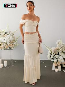 two-piece set women's off shoulder twist front crop top & ruffle hem shirred skirt two-piece set, elegant fashion layered sleeve cropped top & frill trim skirt for daily outdoor wear, ladies outfits for summer