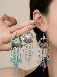 Boho Long Tassel Earrings, Vintage Waterdrop Colorful Beaded Dangle Earrings, Ethnic Style Jewelry for Women, Festival Accessories