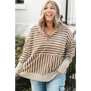 Brown Stripe Quarter Buttons Drop Sleeve Plus Size Hoodie